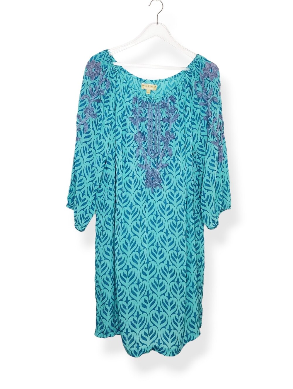Sigrid Olsen Teal Blue Leaf-Print Embroidered Viscose Shift Dress Size Large